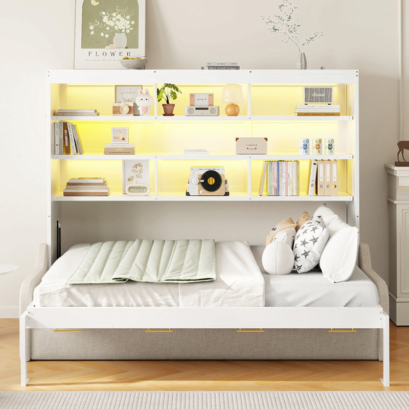 Lit armoire avec canapé escamotable Murphy, tablettes de rangement intégrées et éclairage à DEL, Lit double