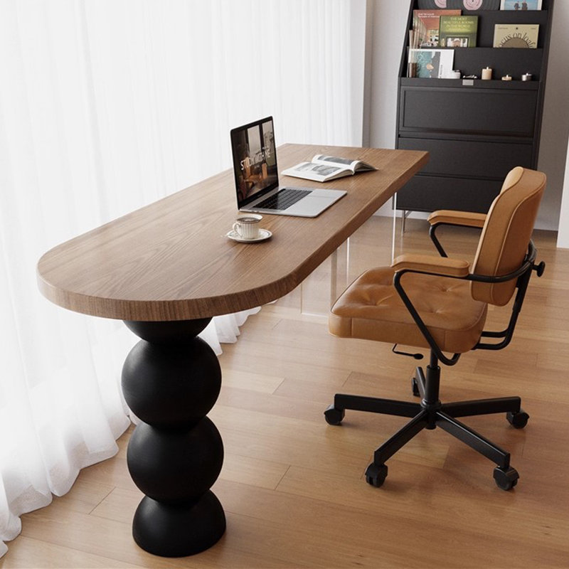 Bureau d'écriture brun en bois massif demi-cercle, H 29,53 po x l 62,99 po x P 23,62 po