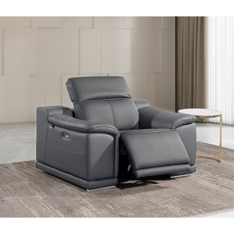 Top Grain Italian Leather Power Reclining Chair With Power Headrest, Dark Gray