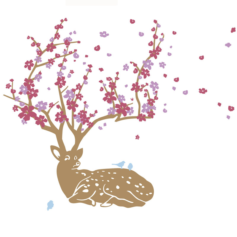 Décalcomanie murale cerf fleur de cerise, 33" H x 28" lx 0.01" D, Argenté / Bourgogne
