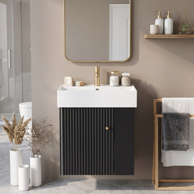 21.6" Modern Floating Bathroom Vanity with Ceramic Sink & Right Storage, Assembly Needed, Faucet and Drain Excluded
