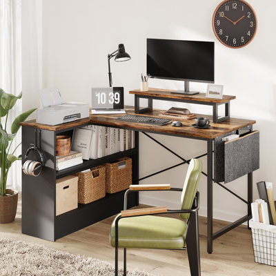 Bureau d'ordinateur moderne l 42 po avec tablettes de rangement réversibles, petit bureau en forme de L avec lumière DEL et support pour écran Monike