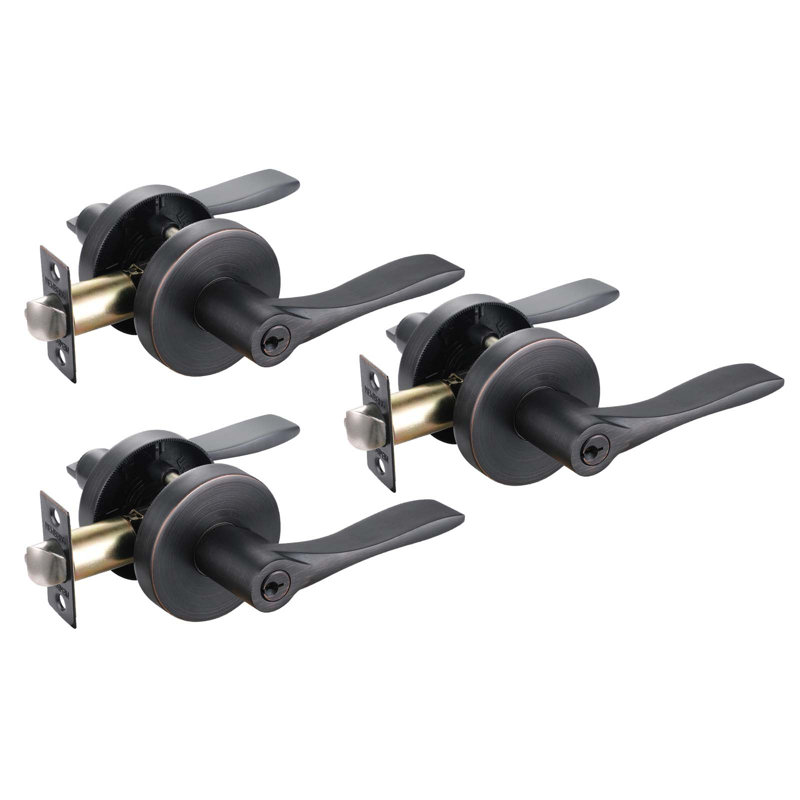 Entrance Lever Door Handle [Lock With Two Keys] For Office Or Front Door With A Bronze Finish, Reversible For Right & Left Side, With A Door Bumper Wall Protector