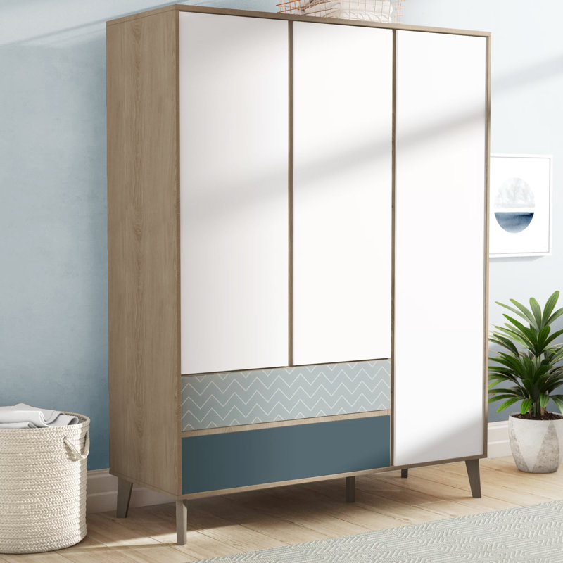 Morones 3 Door Manufactured Wood Wardrobe, White/Brown/Dark Grey