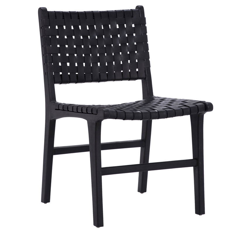 Dale Top Grain Woven Leather with Teak Frame Dining Side Chair, Antique Black Leather, Black Frame