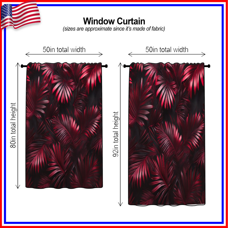 Rideaux de fenêtre Red Palm Leaves, 50 po x 92 po - 1 panneau, Blocage