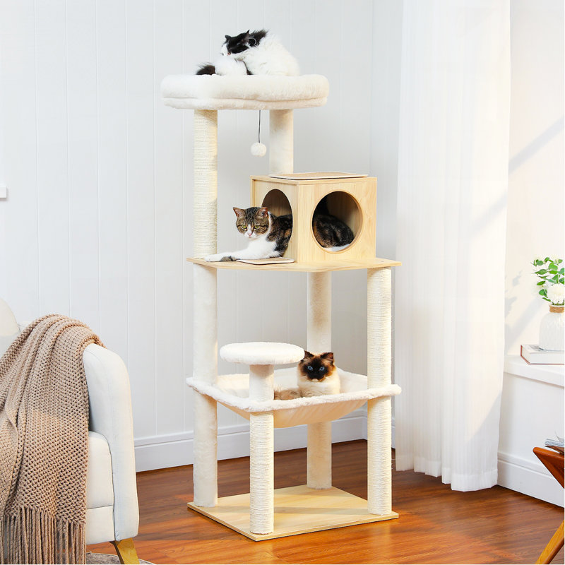 Arbre à chat 56,3 pouces en bois multi-niveaux recouvert de sisal