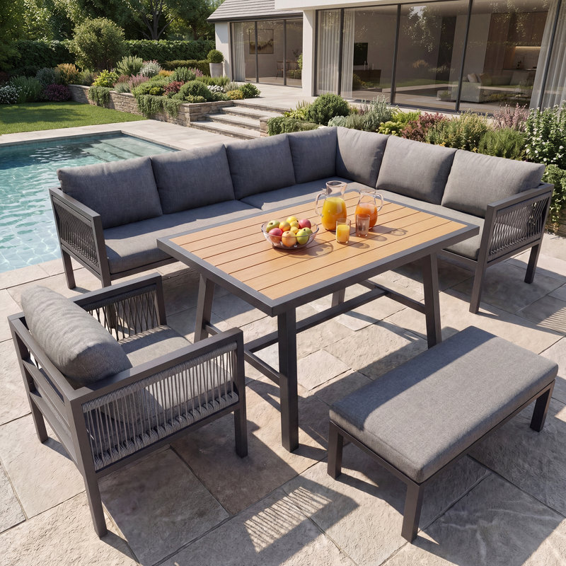 6-Piece Outdoor Corner Sofa Set With Cushions For Patio & Balcony, Grey Cushion/Dark Grey Frame