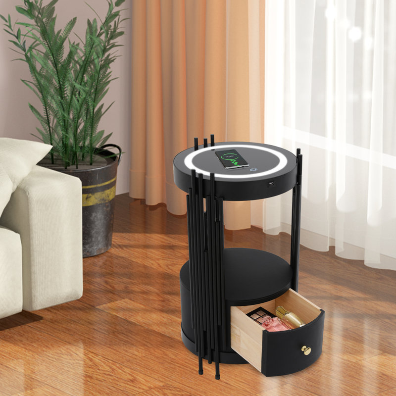 Led Smart Round Nightstand With Wireless Charging Station 13.78*25.59 In((D*H), Black