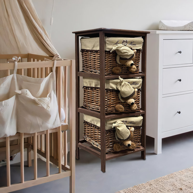 Jhavon 3 Drawer Wooden Cabinet with Wicker Storage Baskets and Brown Bear Design for Home Organization