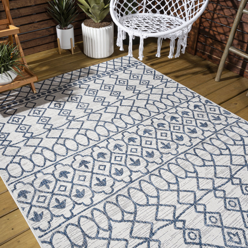 Tapis ivoire / bleu Raif Tribal Bohemian, Rectangle 3 pi 1 po x 5 pi