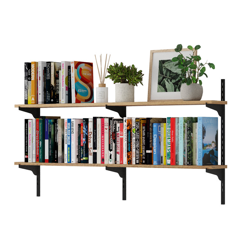 48" X 6" Floating Wall Shelf, Hanging Shelf For Office Supplies, Living Room Shelf, Decorative Boho Shelf, Farmhouse Decor, Real Wood Boards Wall Mounted, 2 Tier, Burnt