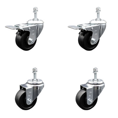 Rubber Wheel Swivel 10mm Stem Caster Set 2 Total Lock Brake SCC
