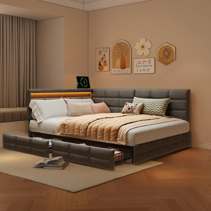 Chippenham Daybed With 2 Drawers Without Matress, European Double (140 x 200 cm), Grey
