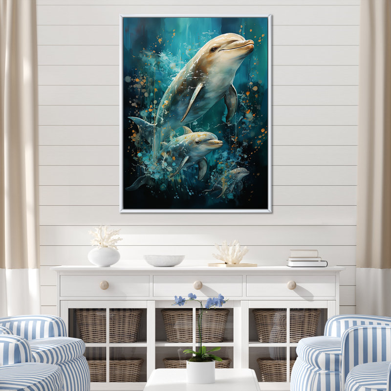 Dauphin harmonie aquatique, Cadre flottant blanc, 44" H x 34" W