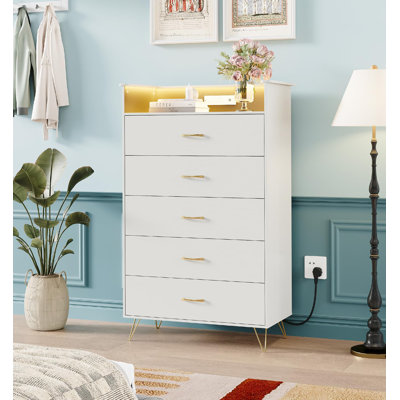 Tall 5 Drawer Dresser with RGB LED Lights & Charging Station, Wood Storage Cabinet for Bedroom