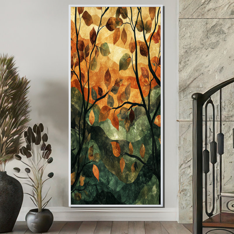 Giannah, feuilles, forêt brune, tranquillité II - feuilles, art mural, H 60 po x l 28 po, Reproduction avec cadre flottant