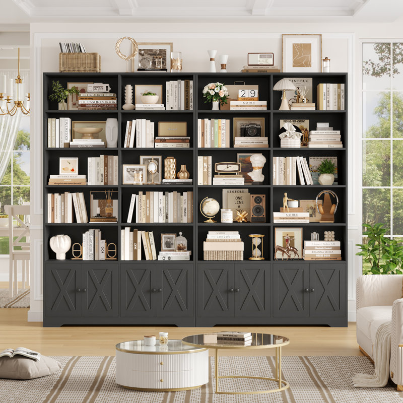 77"h X 47"W 6-tier Standard Bookcase With Door, Farmhouse Display Storage Cabinet For Home Office, Black