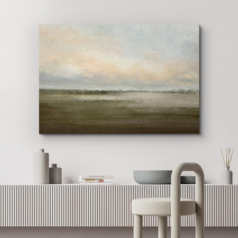 Muted Green Sunrise French Country Landscape Rustic Neutral Large Framed Canvas Print Wall Art Work, Wrapped Canvas, No Frame