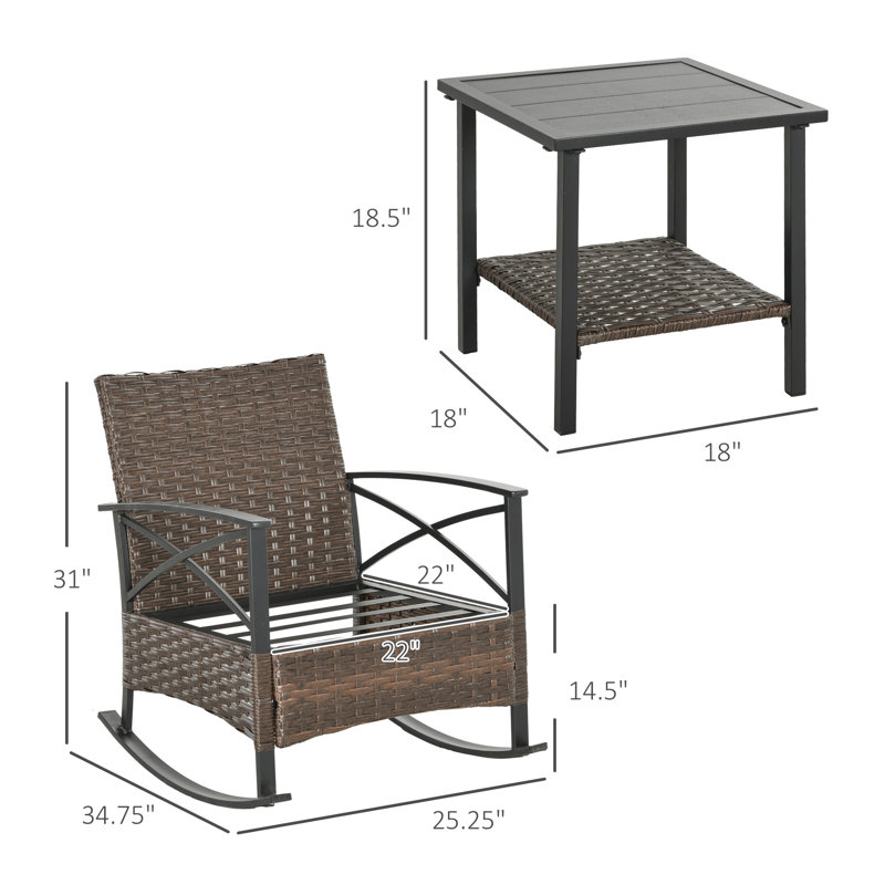 Ensemble de conversation d'extérieur en osier bleu foncé 3 pièces avec deux chaises berçantes et une table d'appoint
