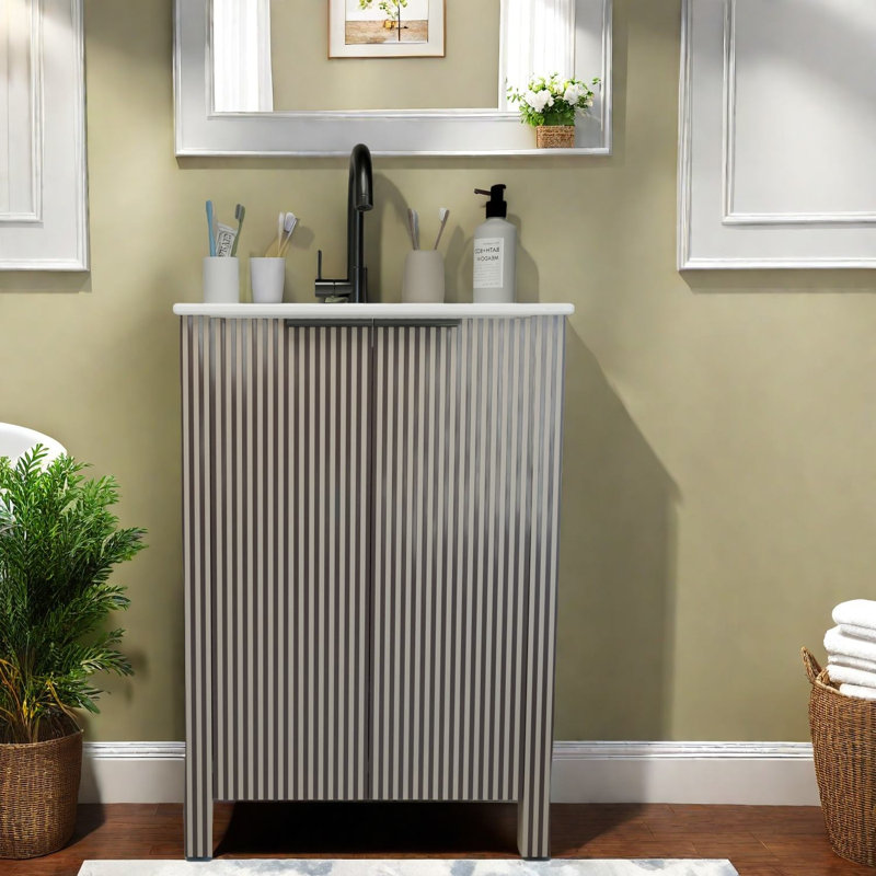Meuble-lavabo moderne brun avec lavabo en céramique, conception peu encombrante
