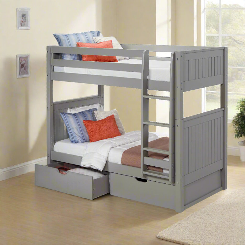 Lit superposé simple au-dessus de simple en bois massif Friedemar, Gris