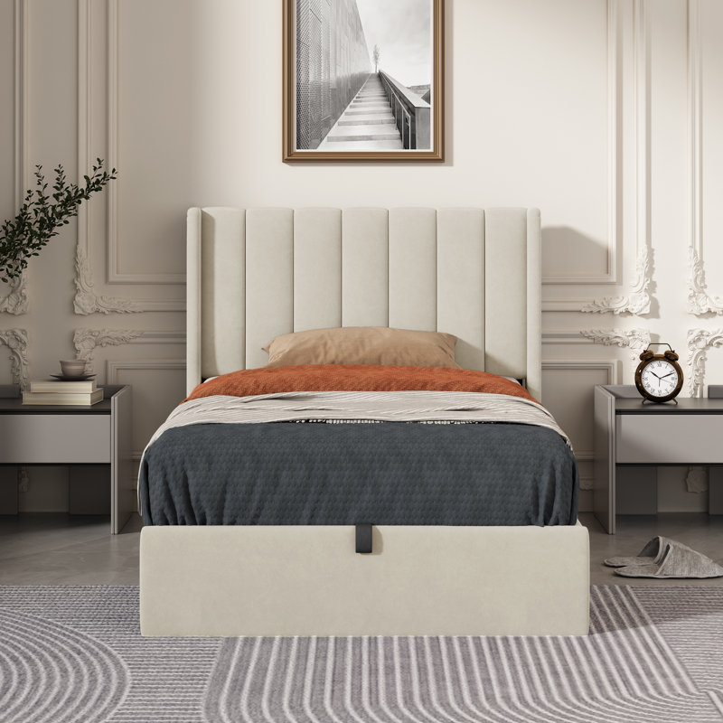 Daizia Lift Up Storage Platform Bed with Wingback Headboard, Twin, Cream