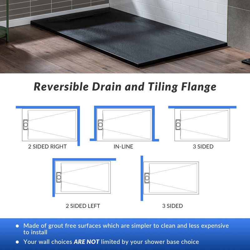 47.25" W x 35.4" D Solid Surface Rectangular Shower Base, Non-Slip, Low-Profile, Curbless, Wheelchair Accessible, Left;Right