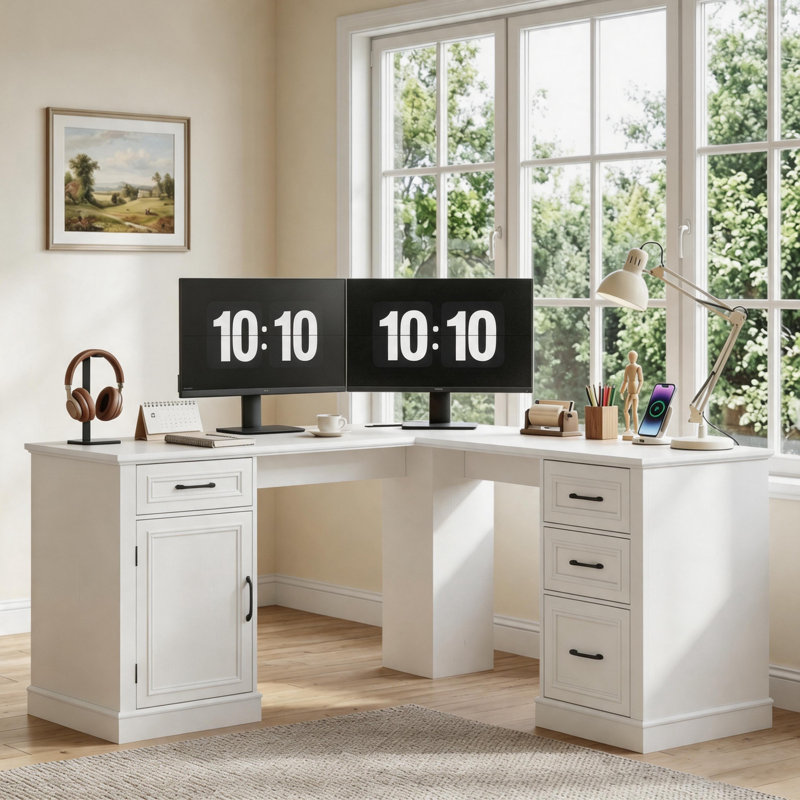 Farmhouse 59" L-Shaped Executive Desk With Drawers, White/White