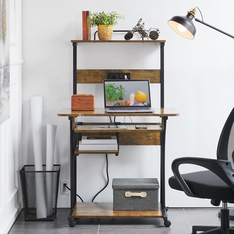 Ulloa 3 Tiers Computer Desk with Charging Station for Home Office, Rustic Brown/Black