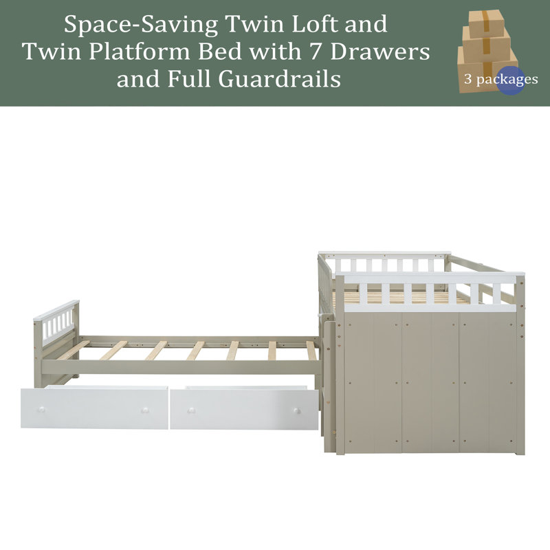Lit mezzanine simple en L et lit plateforme simple avec 7 tiroirs et garde-corps complets en forme de L, Brun
