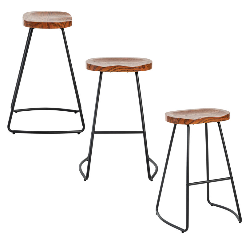 26 Inch Barstool Chair For Kitchen Island, Rustic Saddle, Seat Backless Stools With Metal Leg, Brown, 3