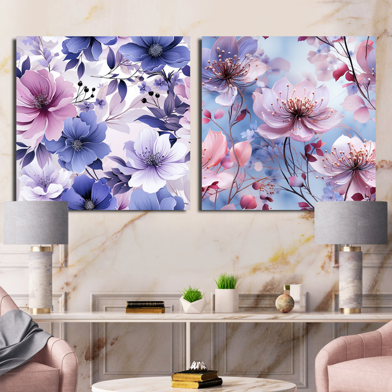 Souliere - Ensemble de 2 collages floraux carrés, H 16 po x l 33 po, Toile tendue