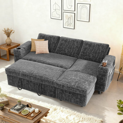 81'' Pull Out Sofa, Sleeper Sofa Couch With Storage Chaise, Chenille Sofa Bed With Pull Out Bed, Convertible Sleeper Sofas For Living Room, Small Spac
