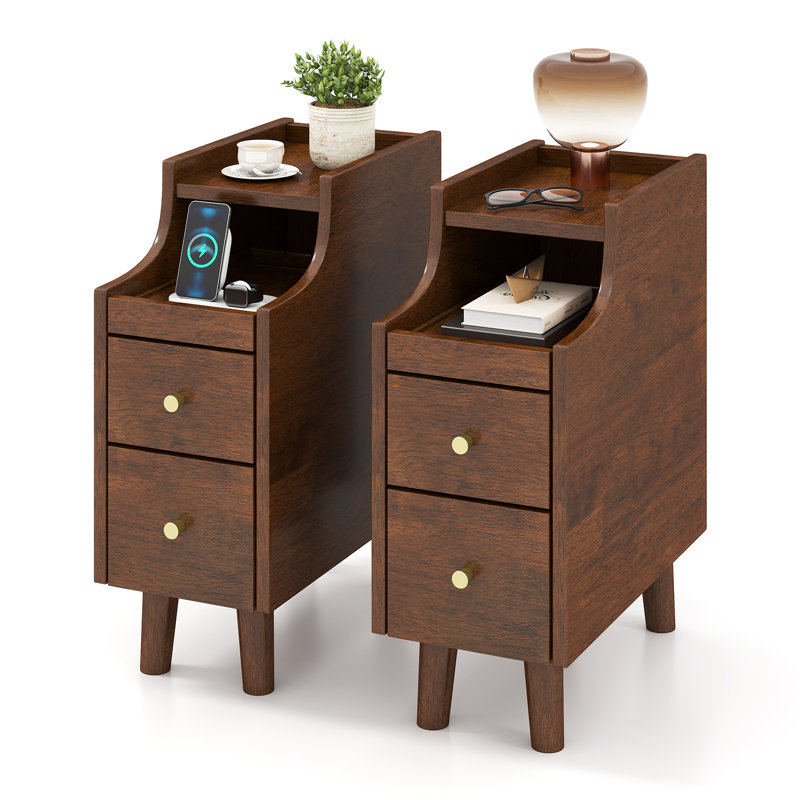 Solid Wood End Table w/ Pull-out Tray & 2 Storage Drawers Cable Management, Individual