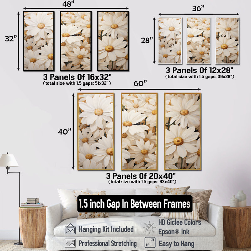 «White Daisy Fields Elegance II» - ensemble d'art mural marguerites, H 32 po x l 48 po x P 1 po, Cadre flottant blanc
