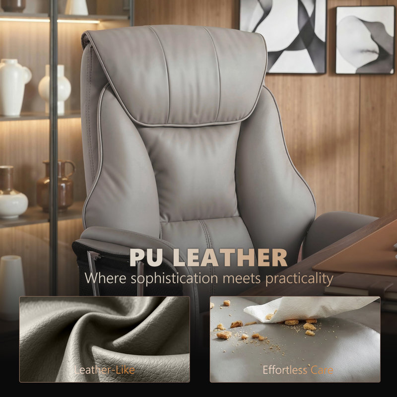Massage Office Chair with 6-Point Vibration, Overstuffed Reclining Desk Chair with High Back, PU Leather, Footrest, Thick Spring Cushion, Lumbar Support, Adjustable Height, Swivel Wheels, Gray