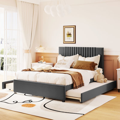 Lit plateforme tapissier avec 2 tiroirs et un lit gigogne gris, tête de lit classique, tiroirs pleine grandeur robustes en contreplaqué, conception simple, structure solide, organisation du confort de la chambre à coucher, simplicité