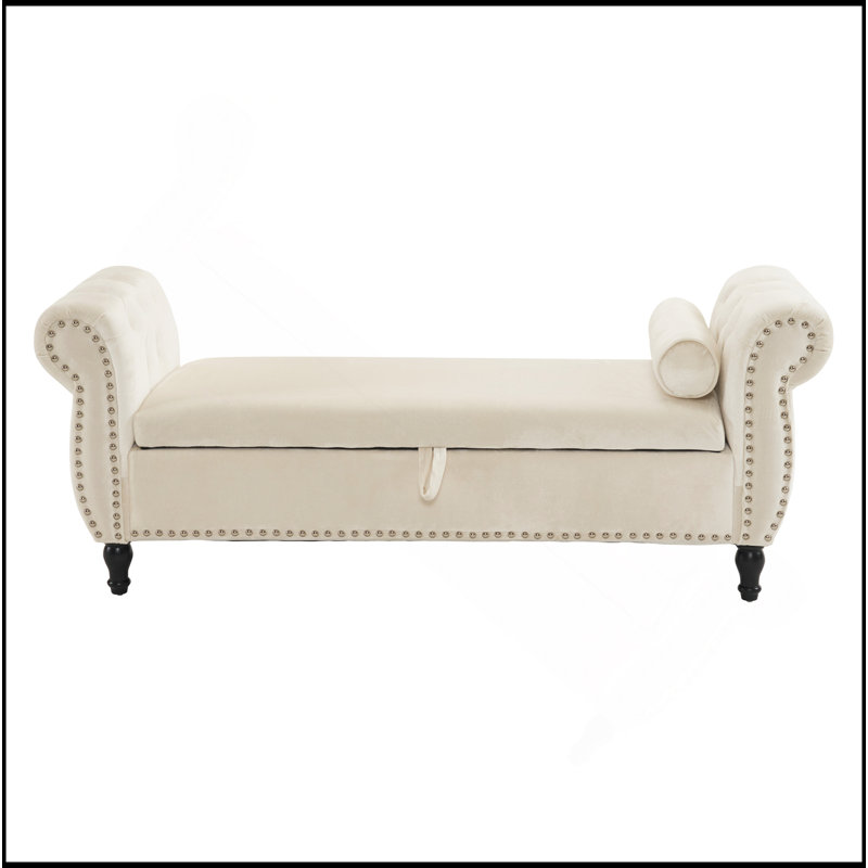 Banc de rangement multifonctionnel rembourré en velours avec coussin, Beige