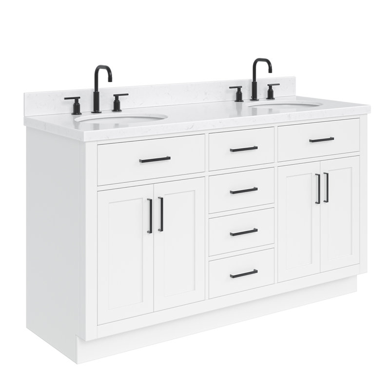 Thornaby  Solid Wood Double Bathroom Vanity with 1.5'' Carrara Quartz Top, White / Matte Black, Oval