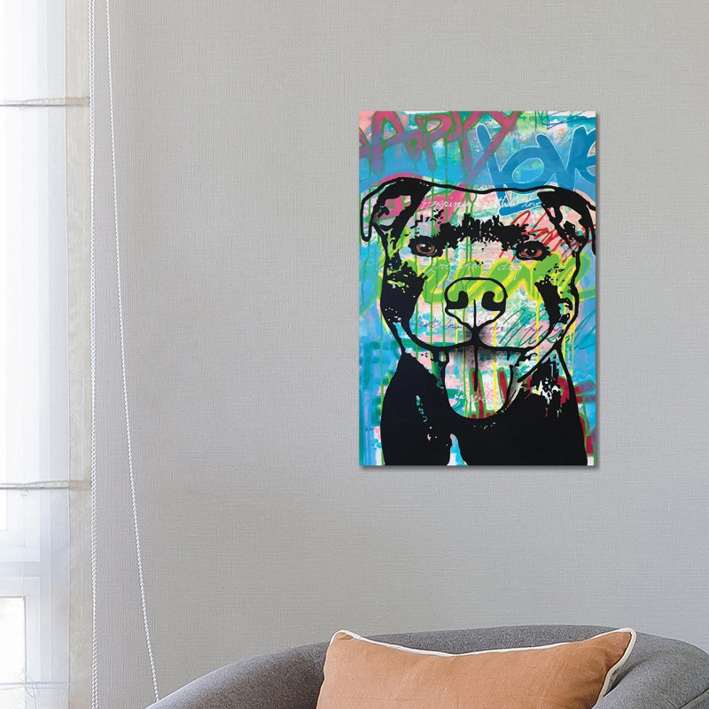 Happy Love Pitbull by Dean Russo - Print on Canvas, 66.04cm H x 45.72cm W x 3.81cm D, Wrapped Canvas