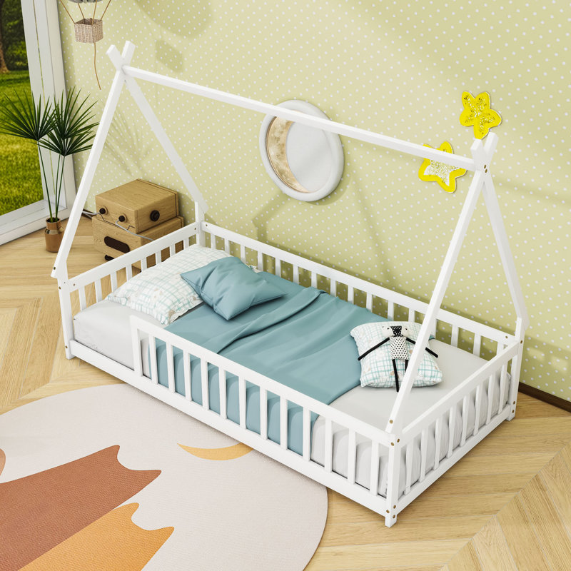 Twin Wood Tent-Shaped Teepee Bed With Guardrails, White