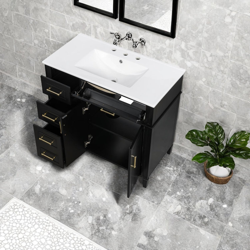 Meuble-lavabo élégant de 36 pouces avec lavabo, finition noire et rangement