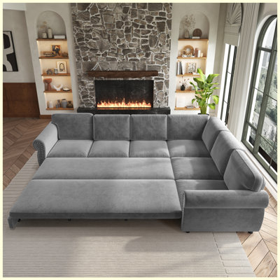 Canapé-lit modulaire en chenille de 118 po avec lit escamotable et garniture cloutée 118 po (gris)
