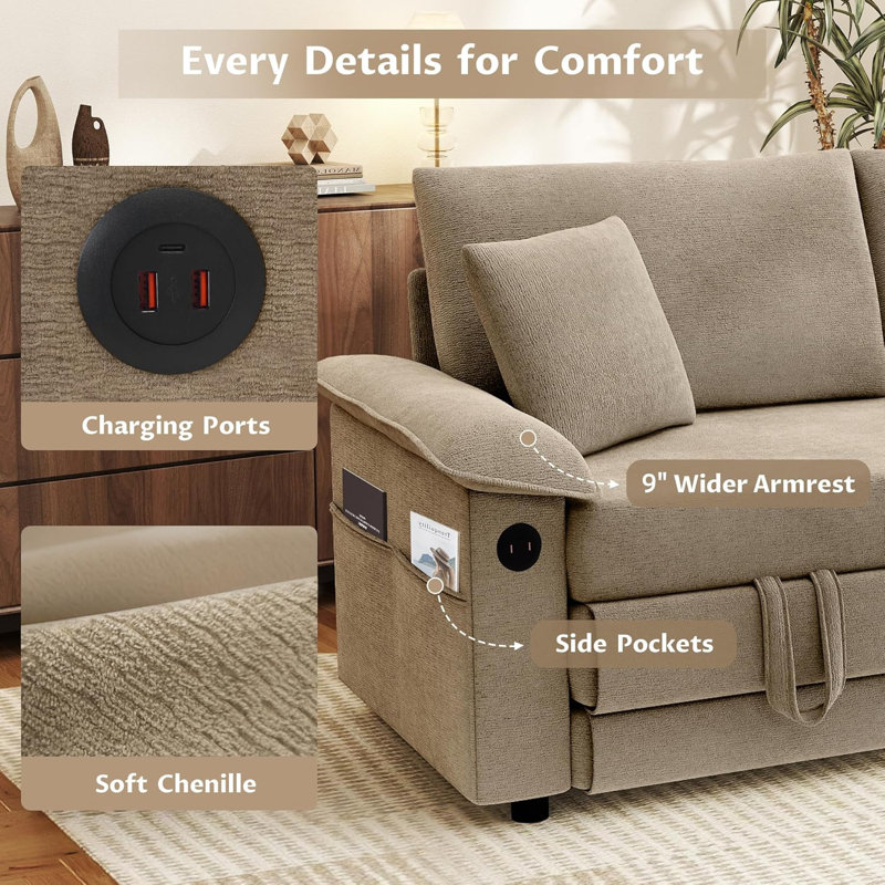 70.9" Queen Size Convertible Sleeper Sofa Bed, Chenille Loveseat with USB Charging Port, Pull Out Sofa Bed For Guest Room, Living Room, RVs