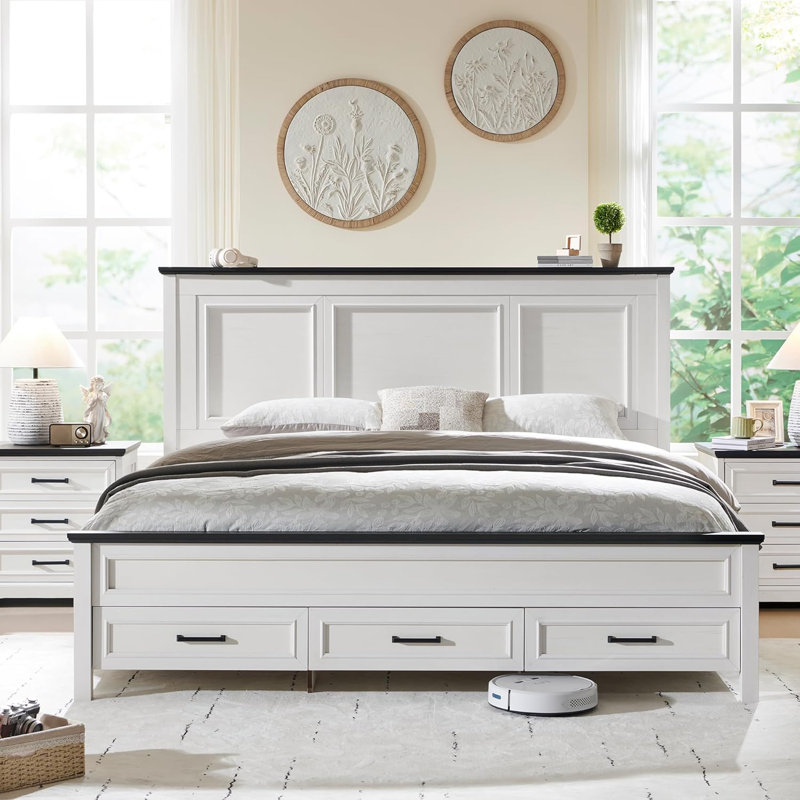 Robincroft Farmhouse Bed Frame With 52" Headboard Wood Platform Bedframe With Storage Drawers, White, King