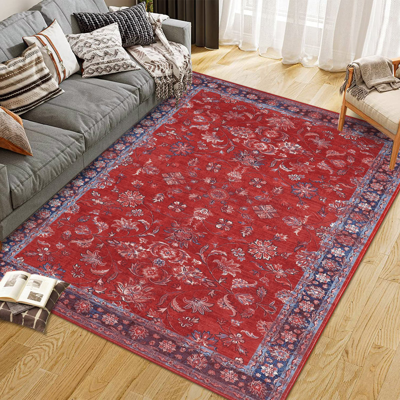 8x10 Large Washable Area Rug Soft Thin Foldable Floor Carpet Non Slip Non Shedding Low Pile Rug, Vintage Distressed Floral Oriental Rug, Traditional Printed Rug for Living Room, Red