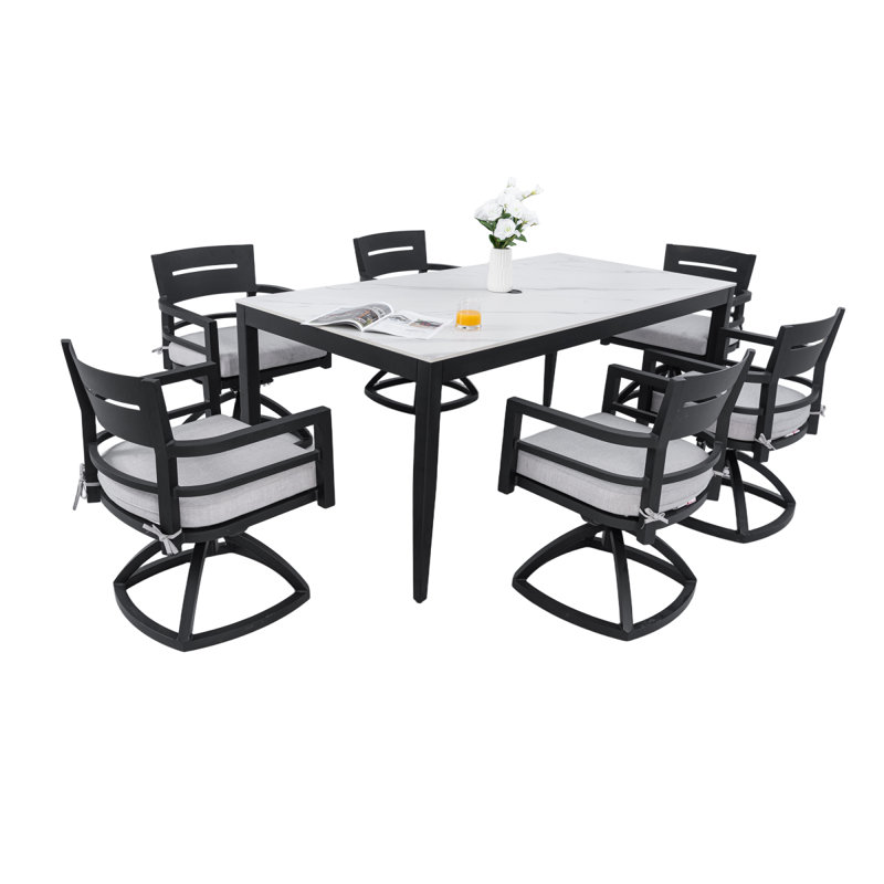Ensemble de salle à manger d'extérieur en aluminium 7 pièces Modern, Marbre blanc
