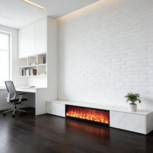Italian Minimalist White Sintered Stone Floor‑Mounted TV Cabinet, Household Integrated Cabinet with Simulated Flame Heating Electric Fireplace for Living Room