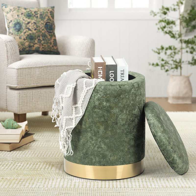 Tabouret de rangement rond, Velours jaune, Argent